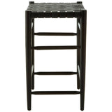 Black woven leather barstool with a sturdy frame, featuring a textured seat and four legs, designed for bar height seating