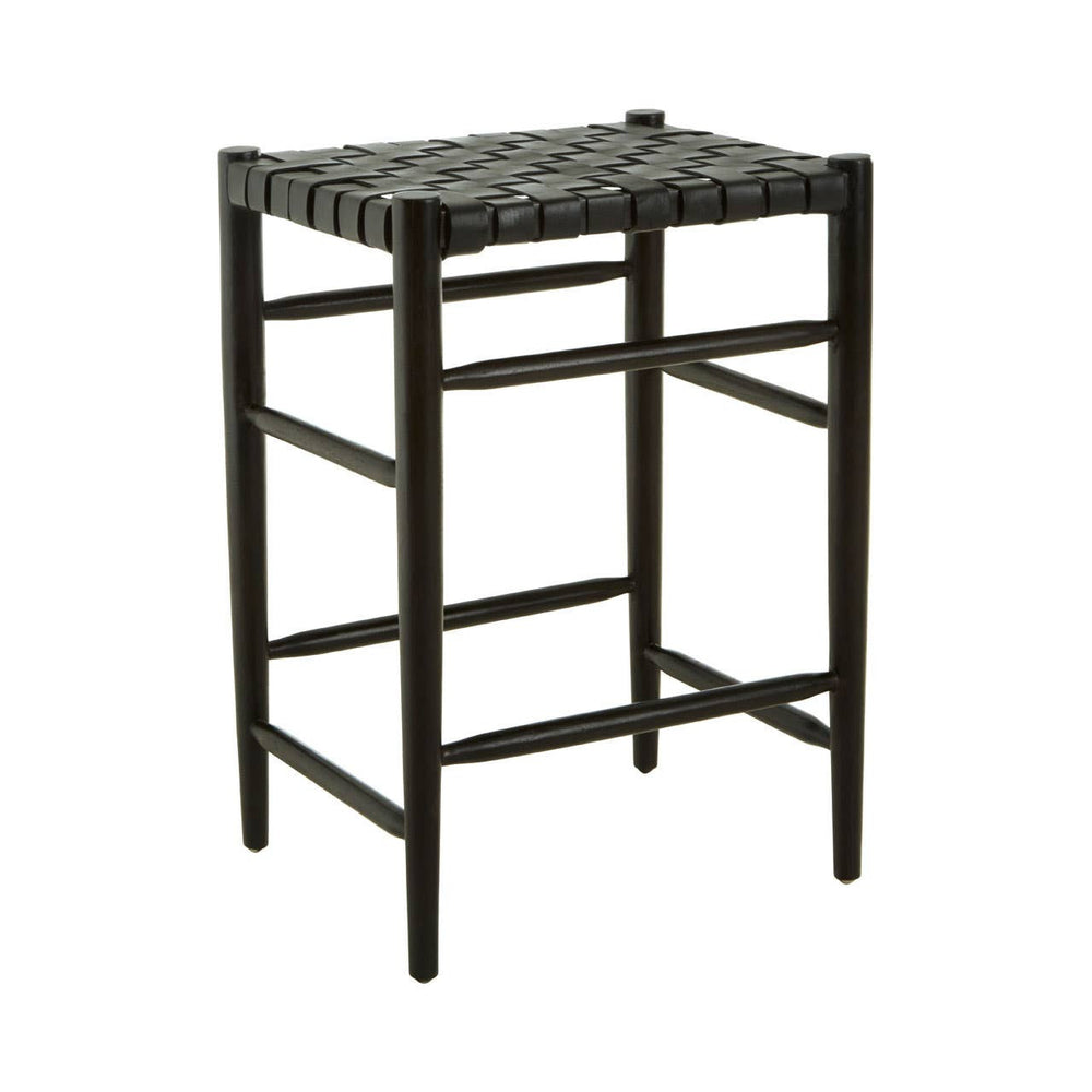 Black woven leather barstool with a sturdy frame and a simple, modern design, featuring a woven seat and four legs for support