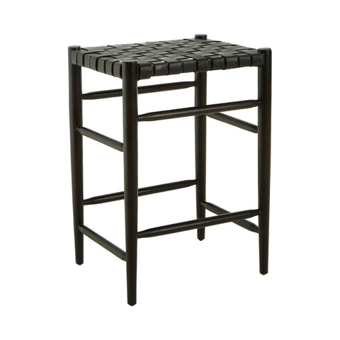 Black woven leather barstool with a sturdy frame and a simple, modern design, featuring a woven seat and four legs for support