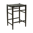 Black woven leather barstool with a sturdy frame and a simple, modern design, featuring a woven seat and four legs for support