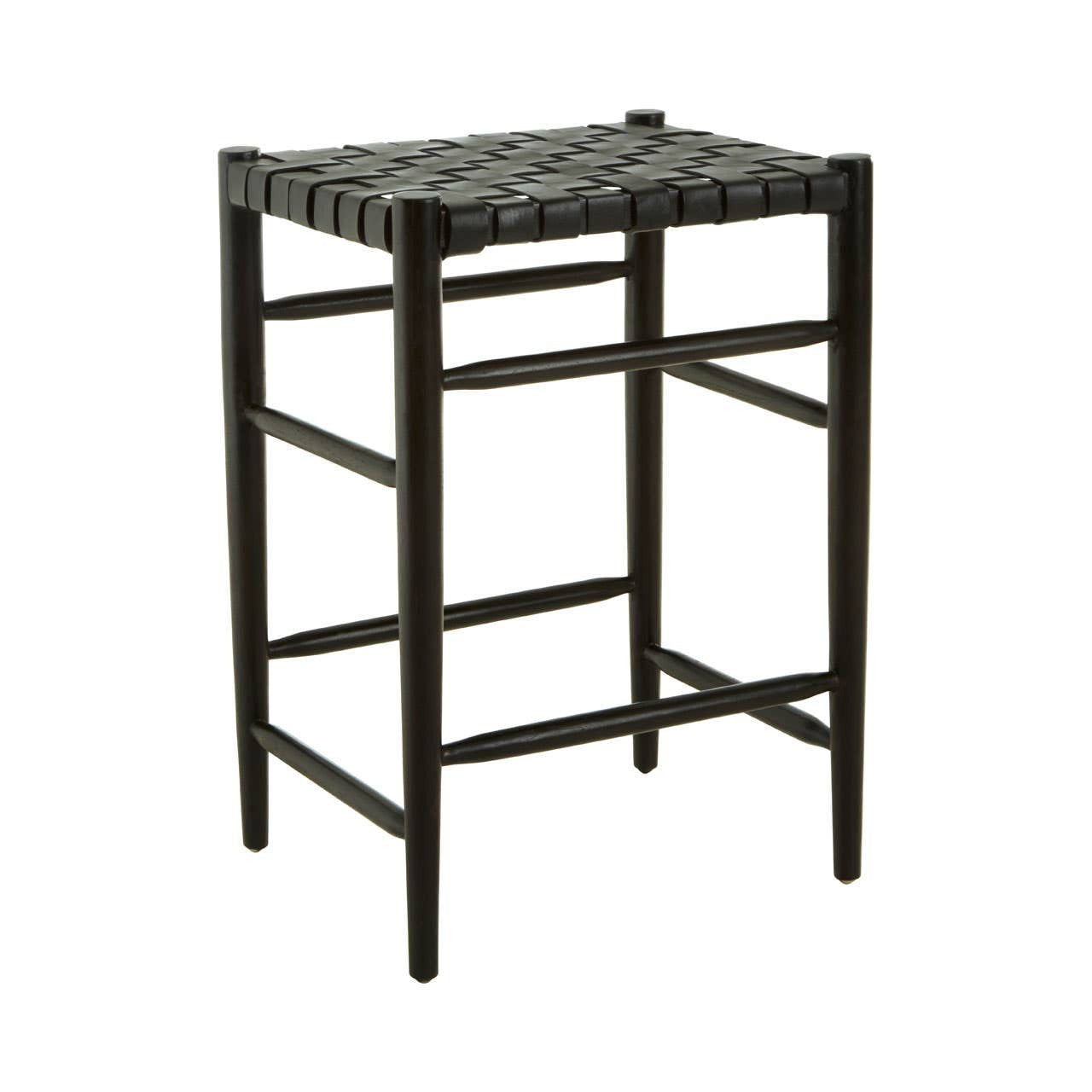 Black woven leather barstool with a sturdy frame and a simple, modern design, featuring a woven seat and four legs for support