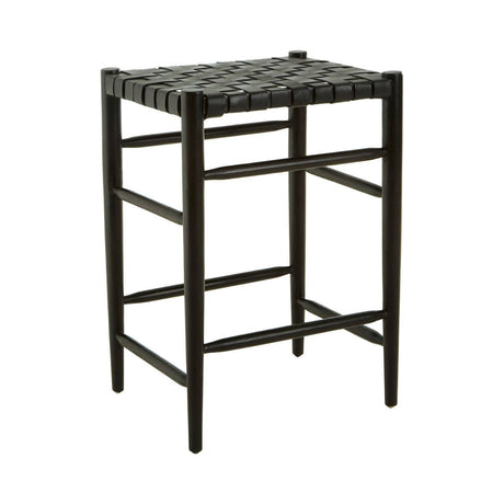 Black woven leather barstool with a sturdy frame and a simple, modern design, featuring a woven seat and four legs for support