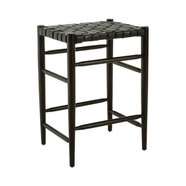 Black woven leather barstool with a sturdy frame and a simple, modern design, featuring a woven seat and four legs for support