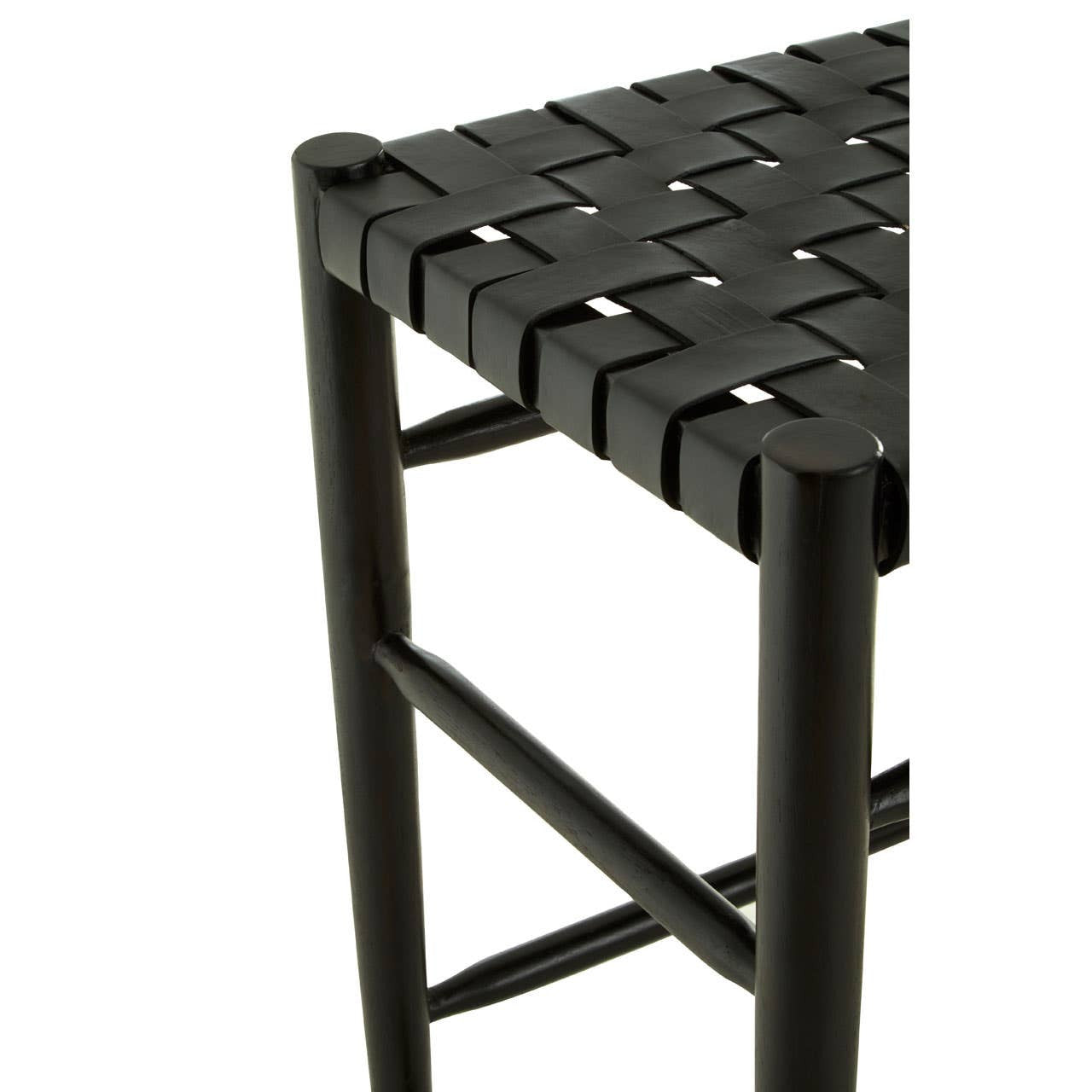 Black woven leather barstool featuring a sleek, modern design with a sturdy frame and a woven seat. The barstool has a minimalist aesthetic, showcasing a combination of leather and metal materials