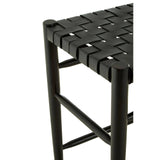 Black woven leather barstool featuring a sleek, modern design with a sturdy frame and a woven seat. The barstool has a minimalist aesthetic, showcasing a combination of leather and metal materials