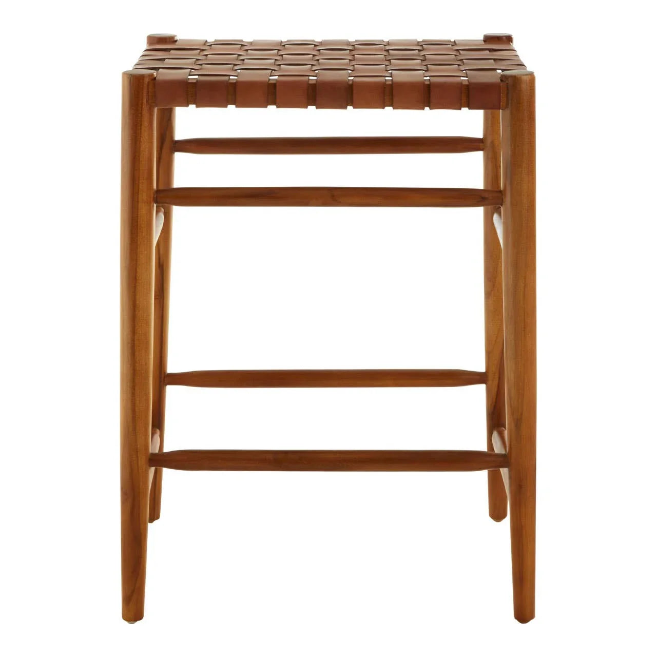 Wooden bar stool with woven leather seat and square legs, front view