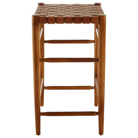 Wooden bar stool with woven leather seat and four leg support, front view
