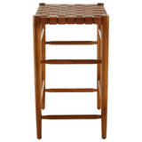 Wooden bar stool with woven leather seat and four leg support, front view