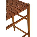Brown leather woven dining chair seat with wooden frame, close-up of corner detail