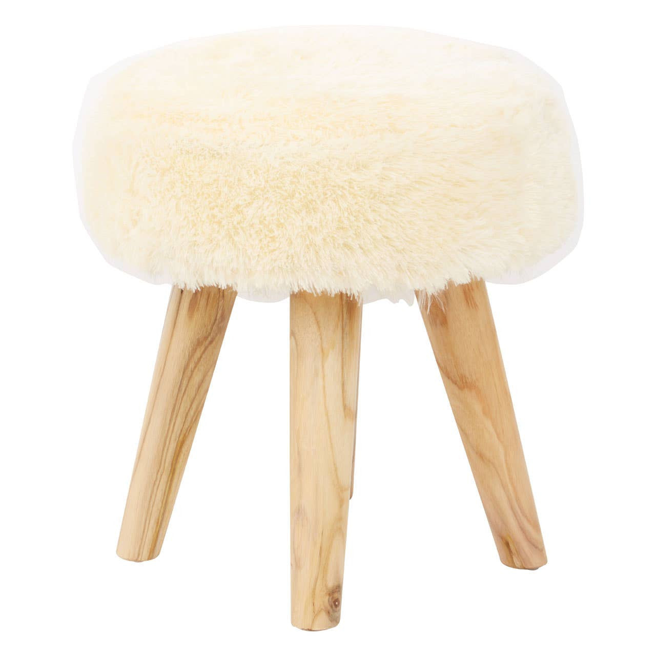 Cream faux fur stool with a round top and four natural teak wood legs, showcasing a soft texture and a minimalist design