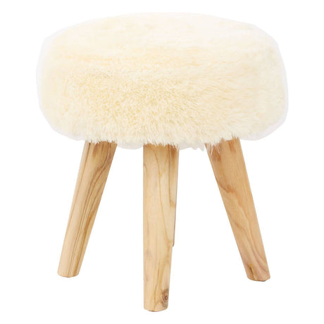 Cream faux fur stool with a round top and four natural teak wood legs, showcasing a soft texture and a minimalist design