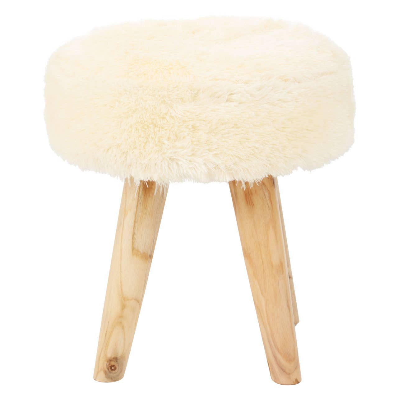 Cream faux fur stool with a round top and three natural teak wood legs, showcasing a soft texture and minimalist design