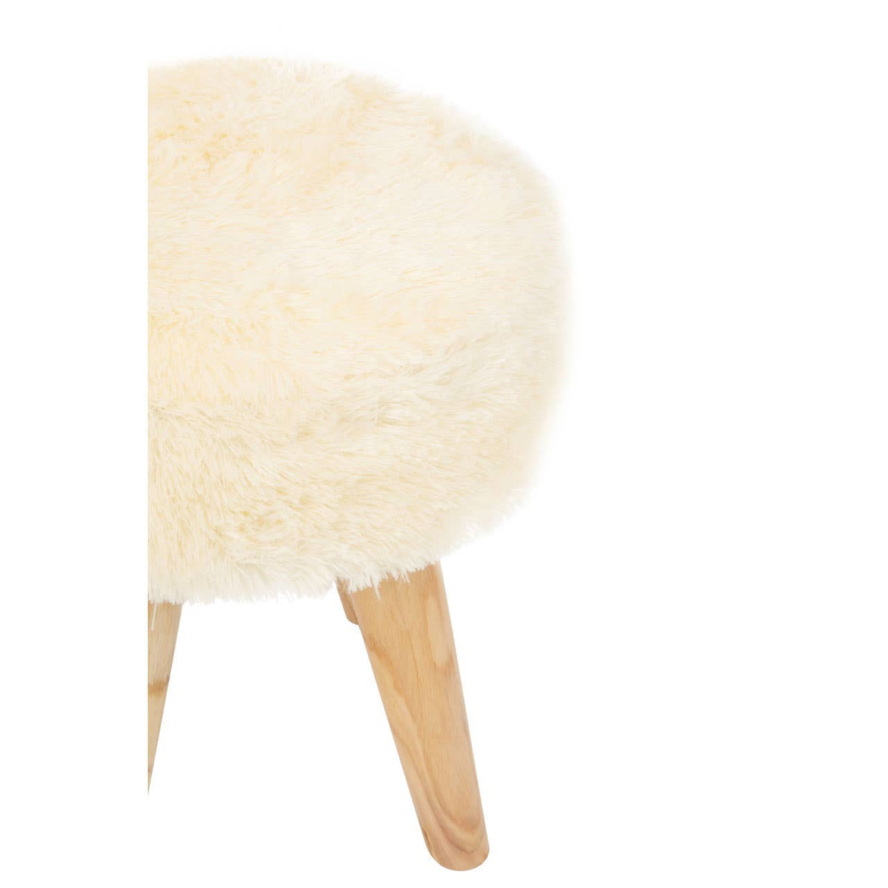 Cream faux fur stool with a round seat and light teak wood legs, showcasing a soft texture and natural wood finish