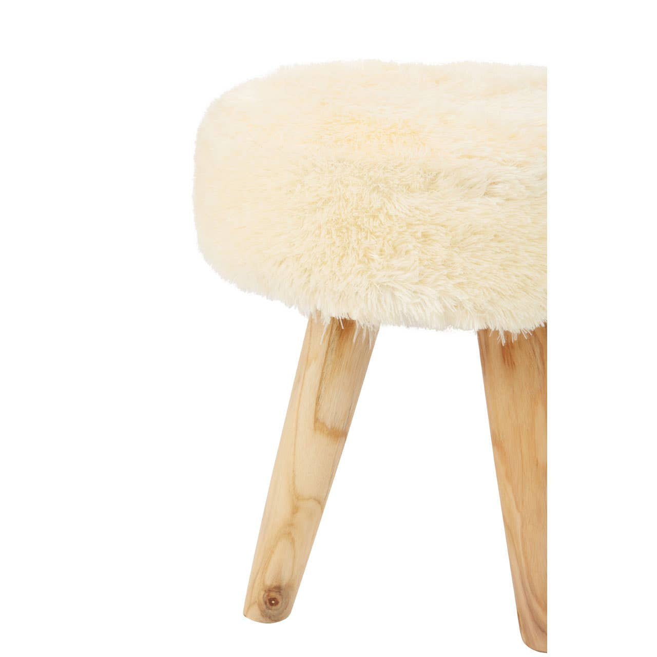 Cream faux fur stool with a round top and three tapered teak wood legs, showcasing a soft texture and natural wood finish