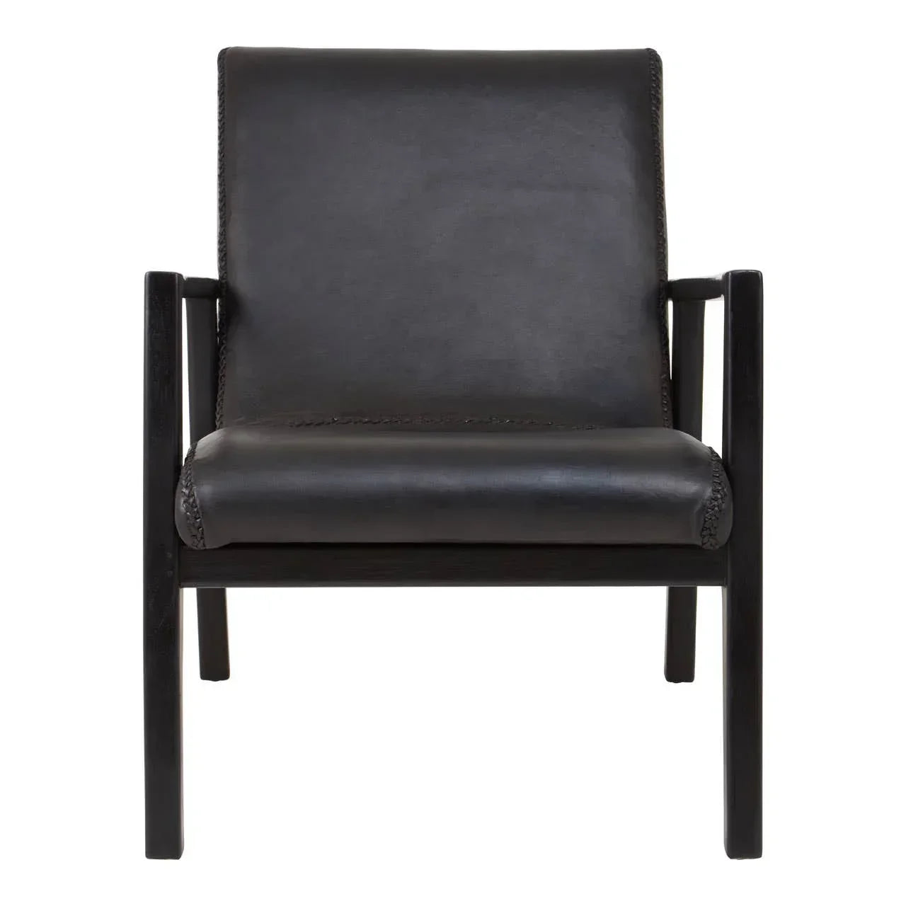 Black leather armchair with wooden frame, front view