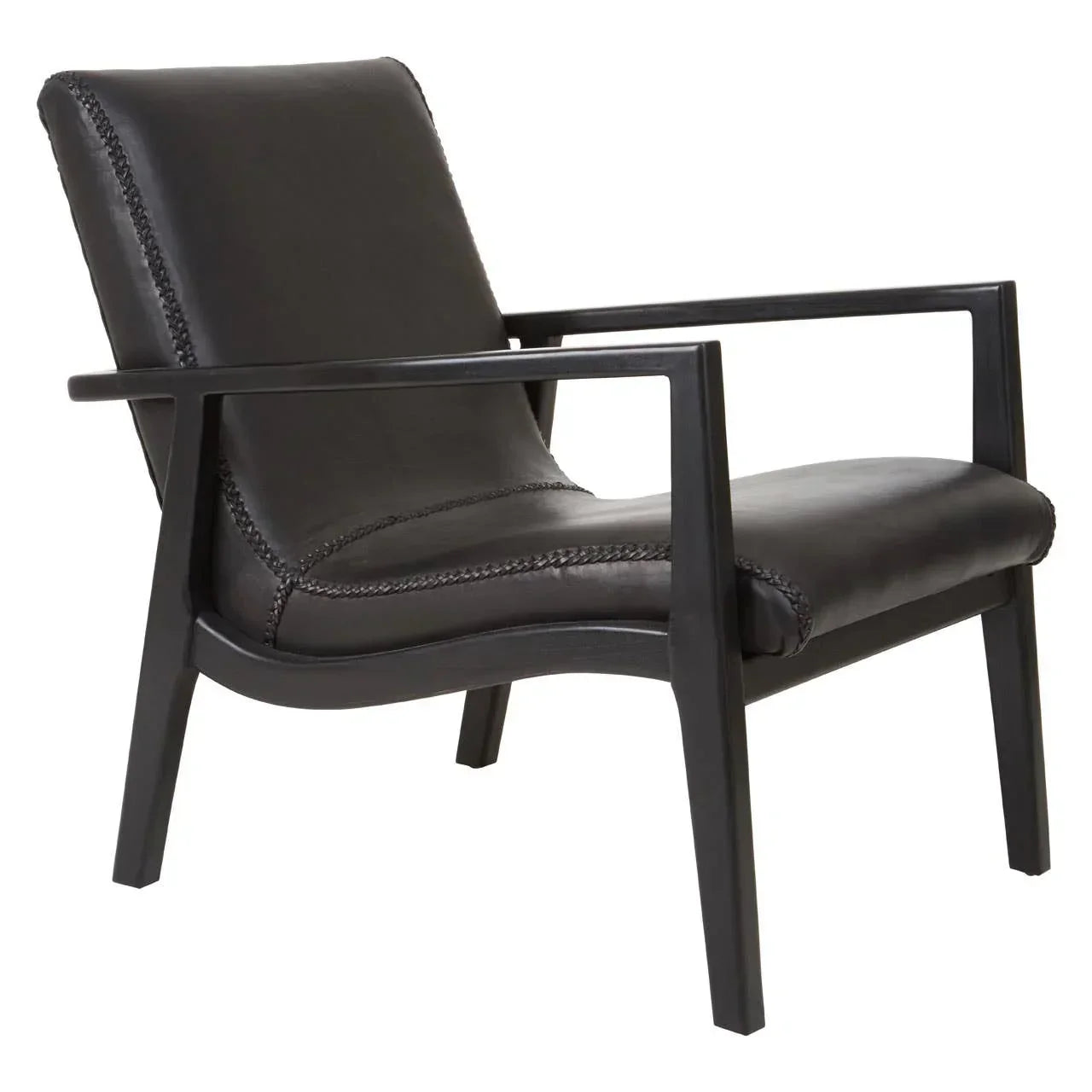 Black leather accent chair with angled wooden frame and armrests, front side view