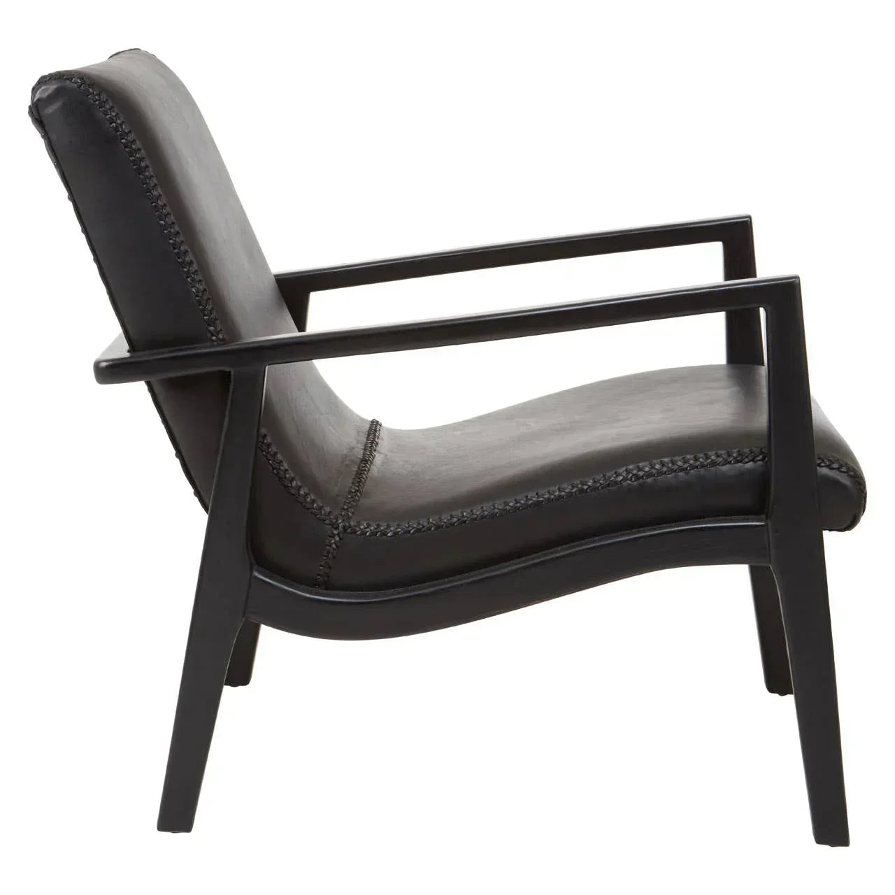 Black leather accent chair with angled wooden frame and stitched detailing, side view