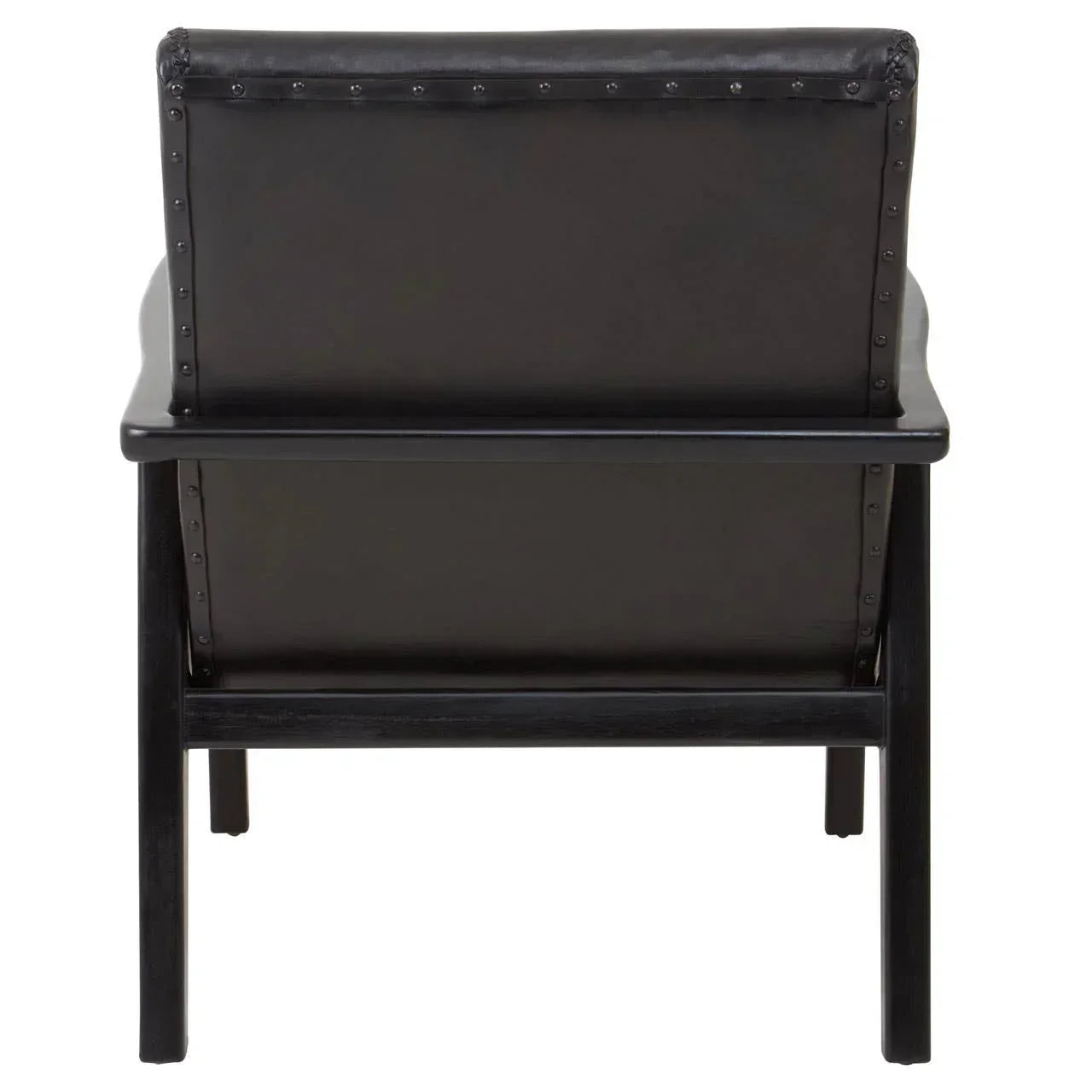 Back view of black leather accent chair with studded detailing and wooden frame