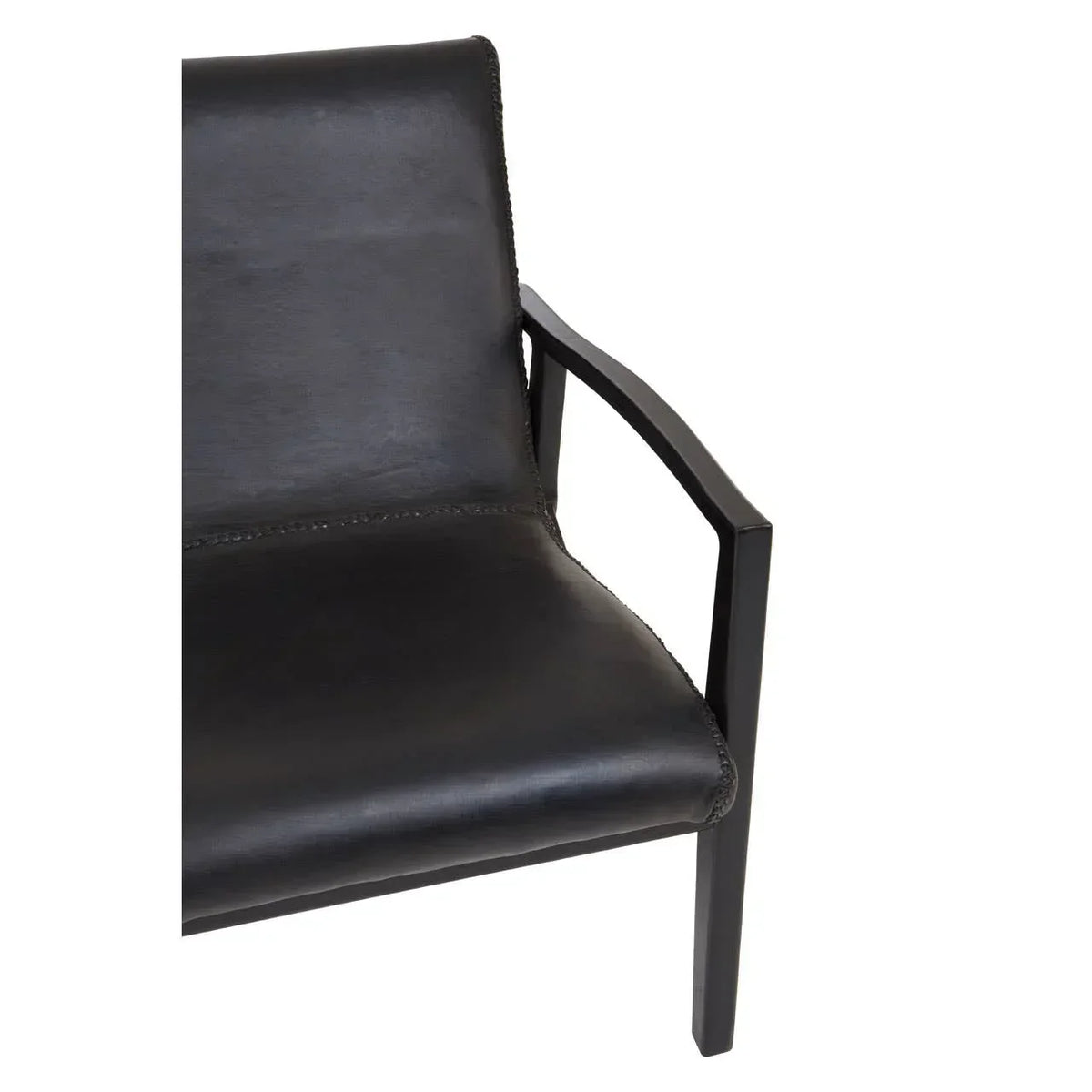Black leather armchair with metal frame, close-up of seat and armrest