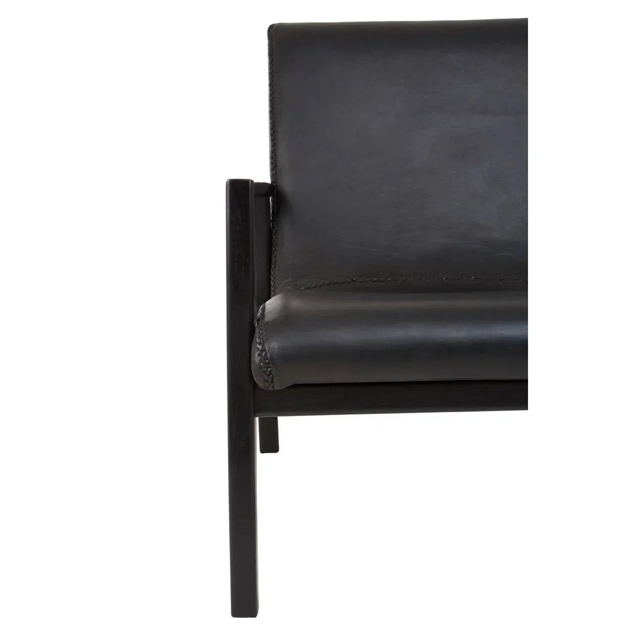 Closeup of black leather armchair seat and backrest with wooden frame