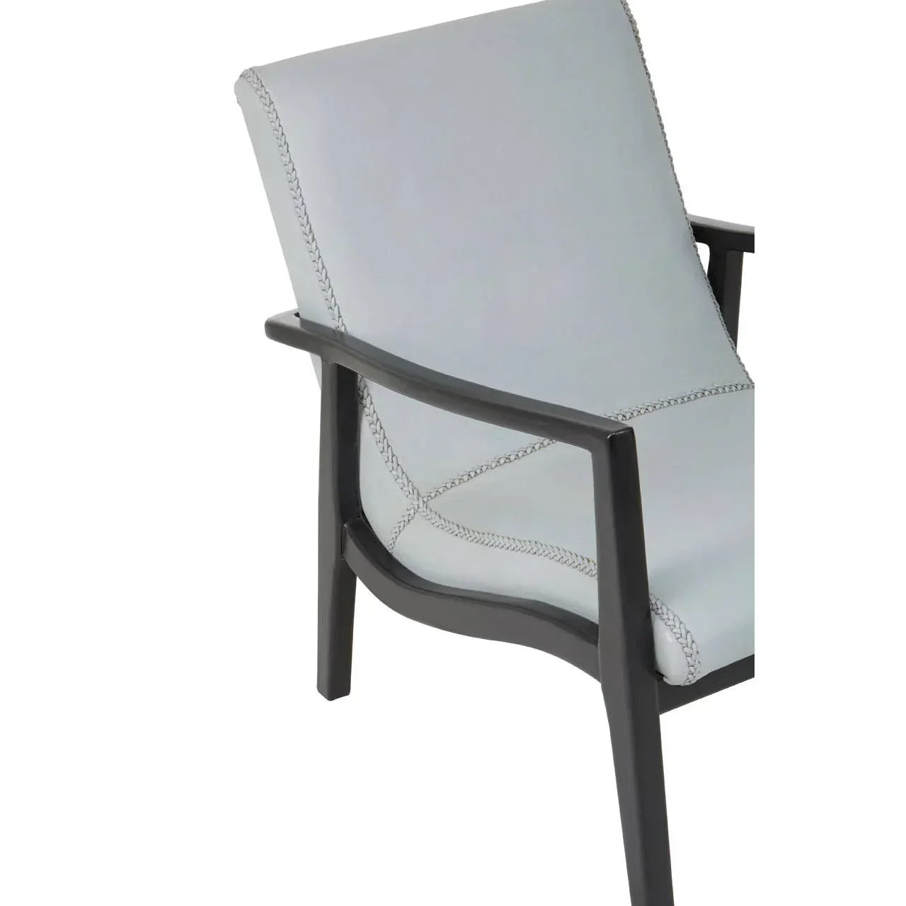 Grey upholstered accent chair with visible stitching and black wooden legs