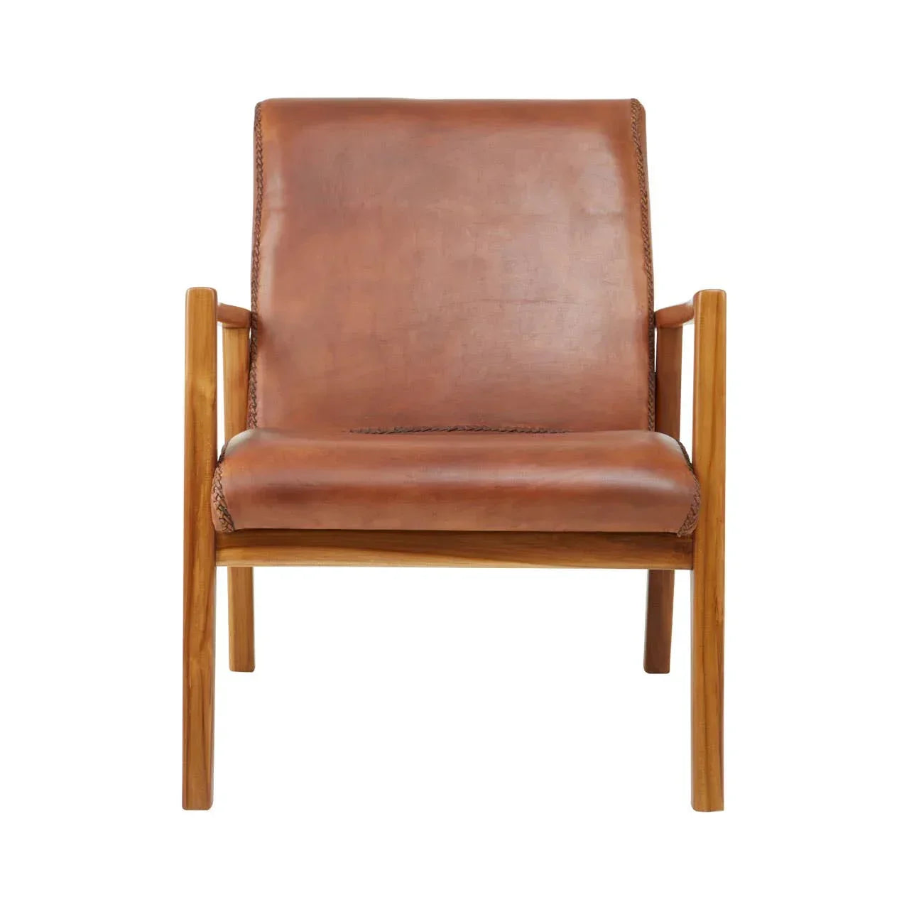 Brown leather accent chair with wooden frame, front view