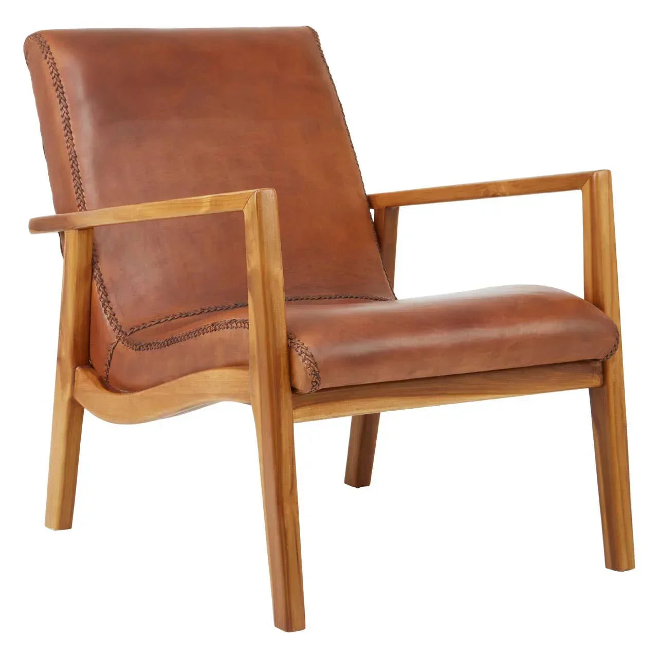 Brown leather armchair with wooden frame and stitching detail, angled front view