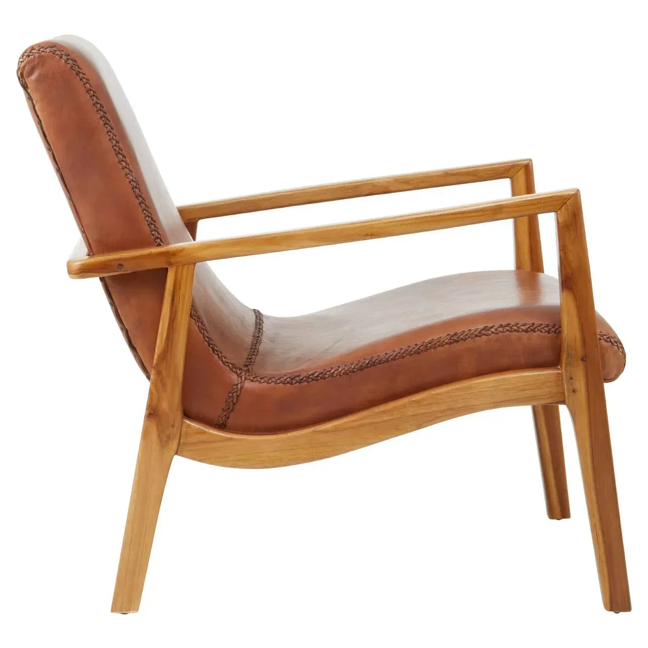 Brown leather accent chair with wooden frame, side view highlighting stitched detail