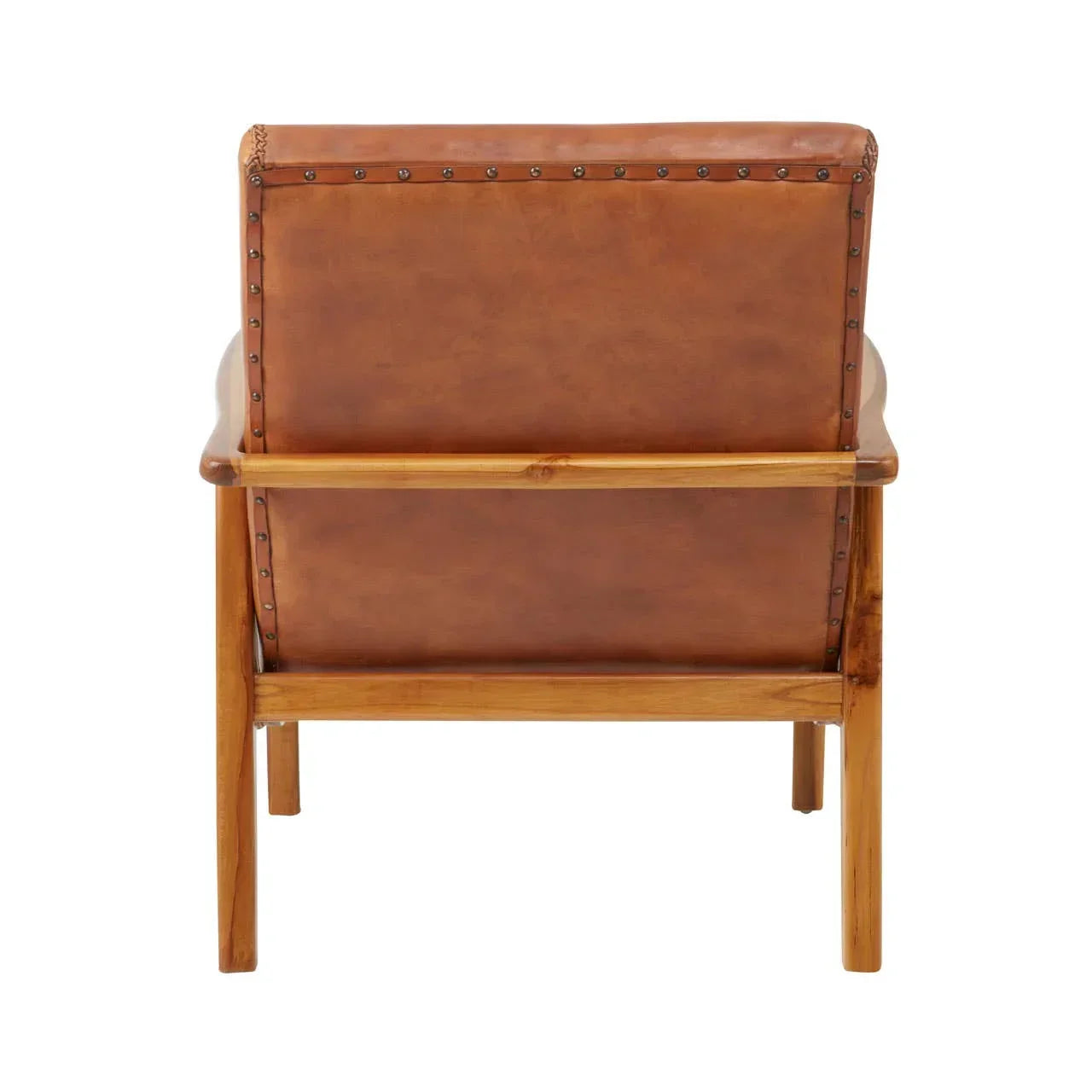 Rear view of tan leather armchair with wooden frame and studded trim