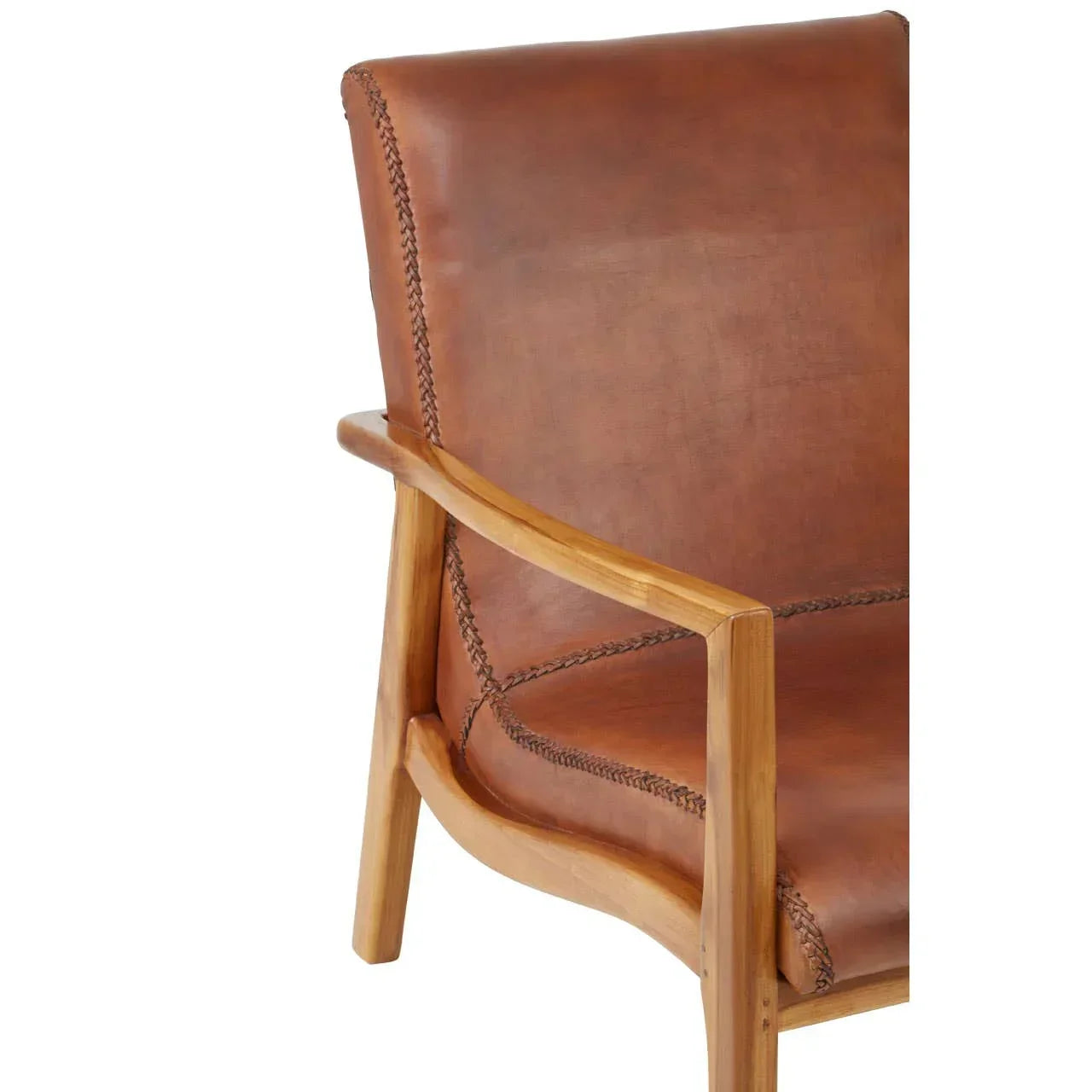 Brown leather accent chair with wooden frame and stitched detailing, side angle view