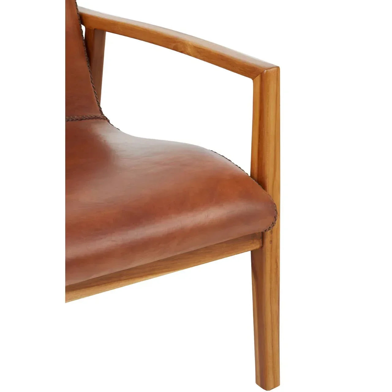 Close detail of brown leather armchair seat with wooden frame and armrest