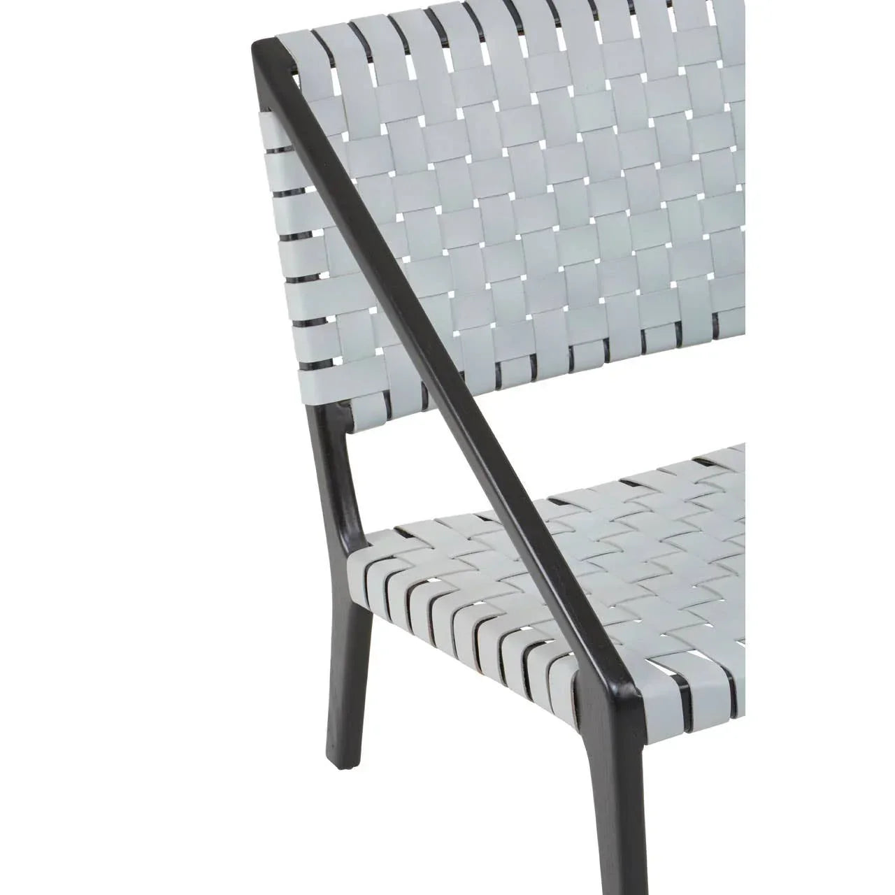 Close up of grey woven dining chair with black metal frame and diagonal armrest