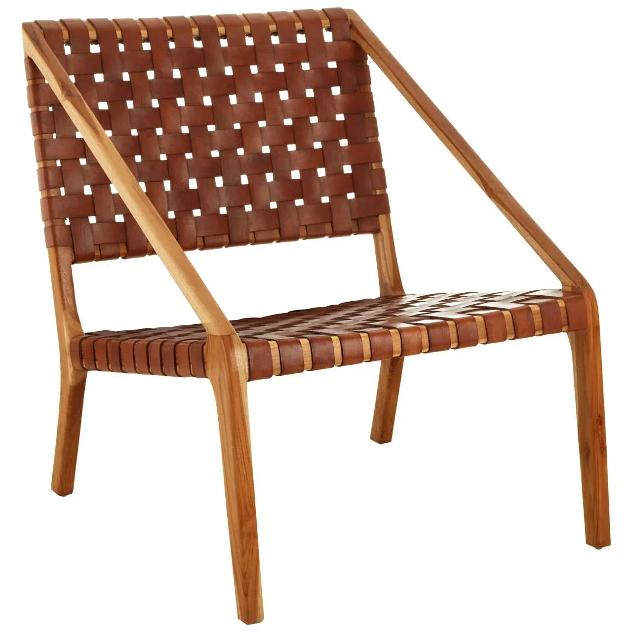 Brown leather woven lounge chair with wooden frame, angled side view