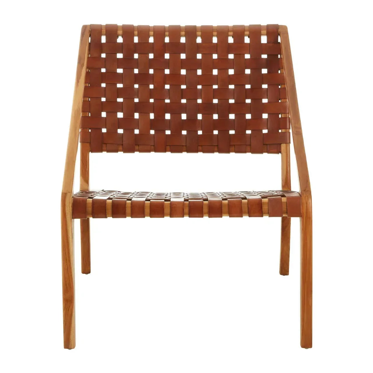 Front view of brown leather strap accent chair with solid wooden frame