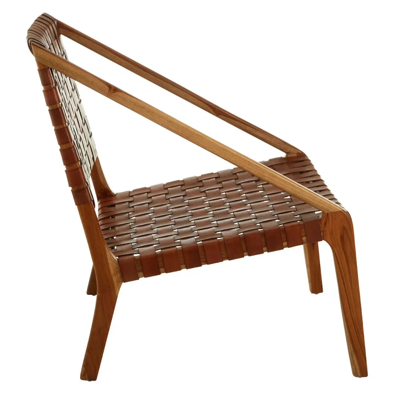Side view of wooden accent chair with brown leather woven seat and back