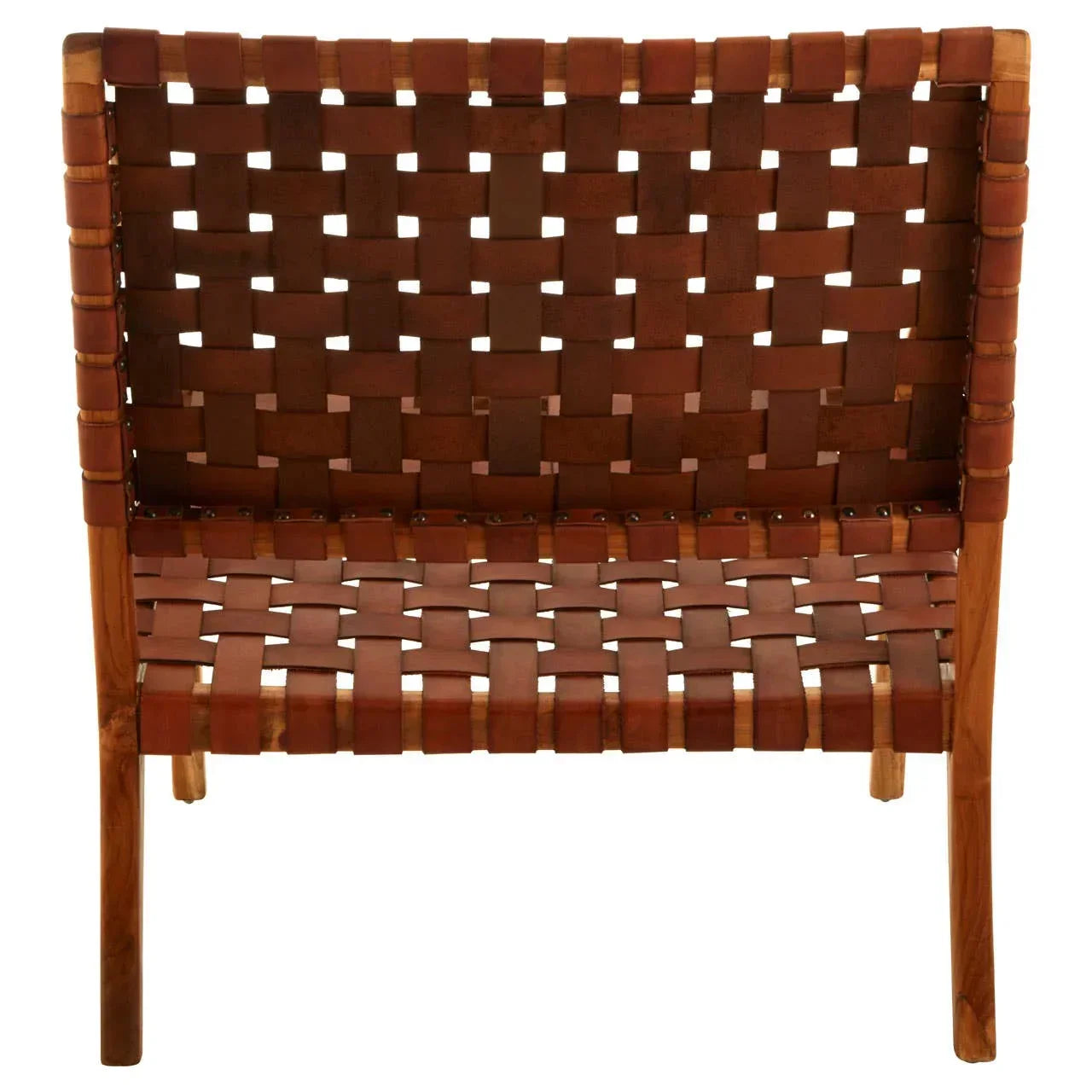 Brown leather woven accent chair with wooden frame, front view