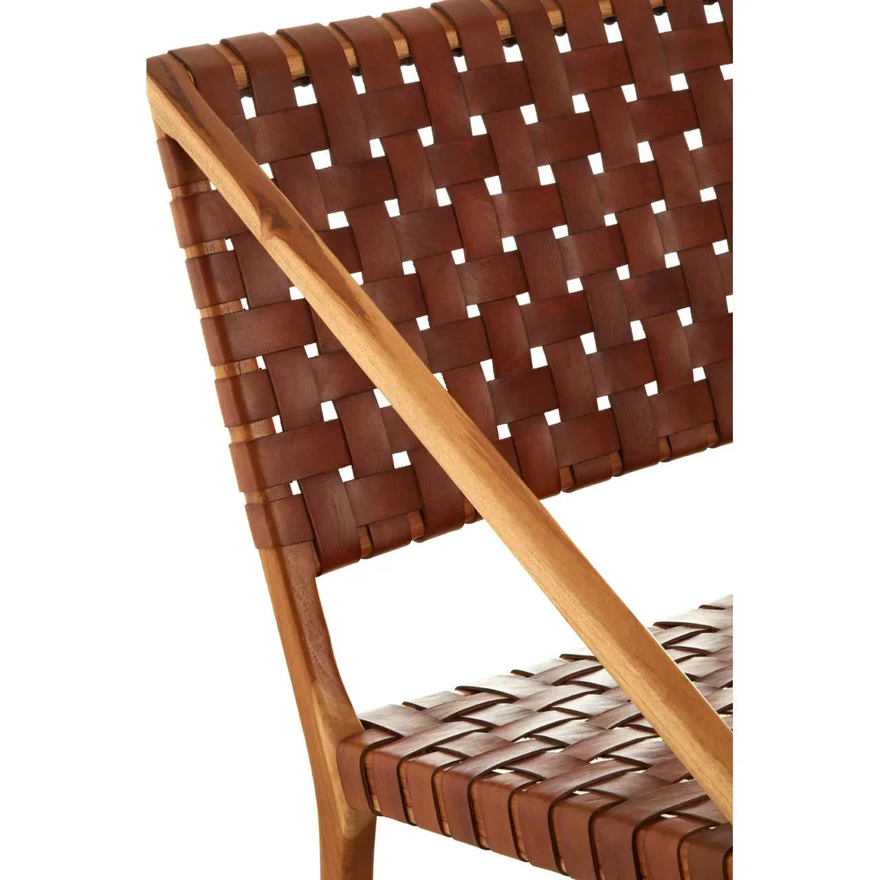 Brown leather woven dining chair seat and backrest with wooden frame detail