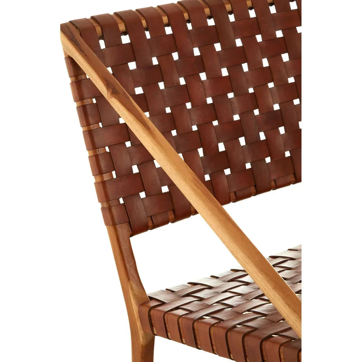 Brown leather woven dining chair seat and backrest with wooden frame detail