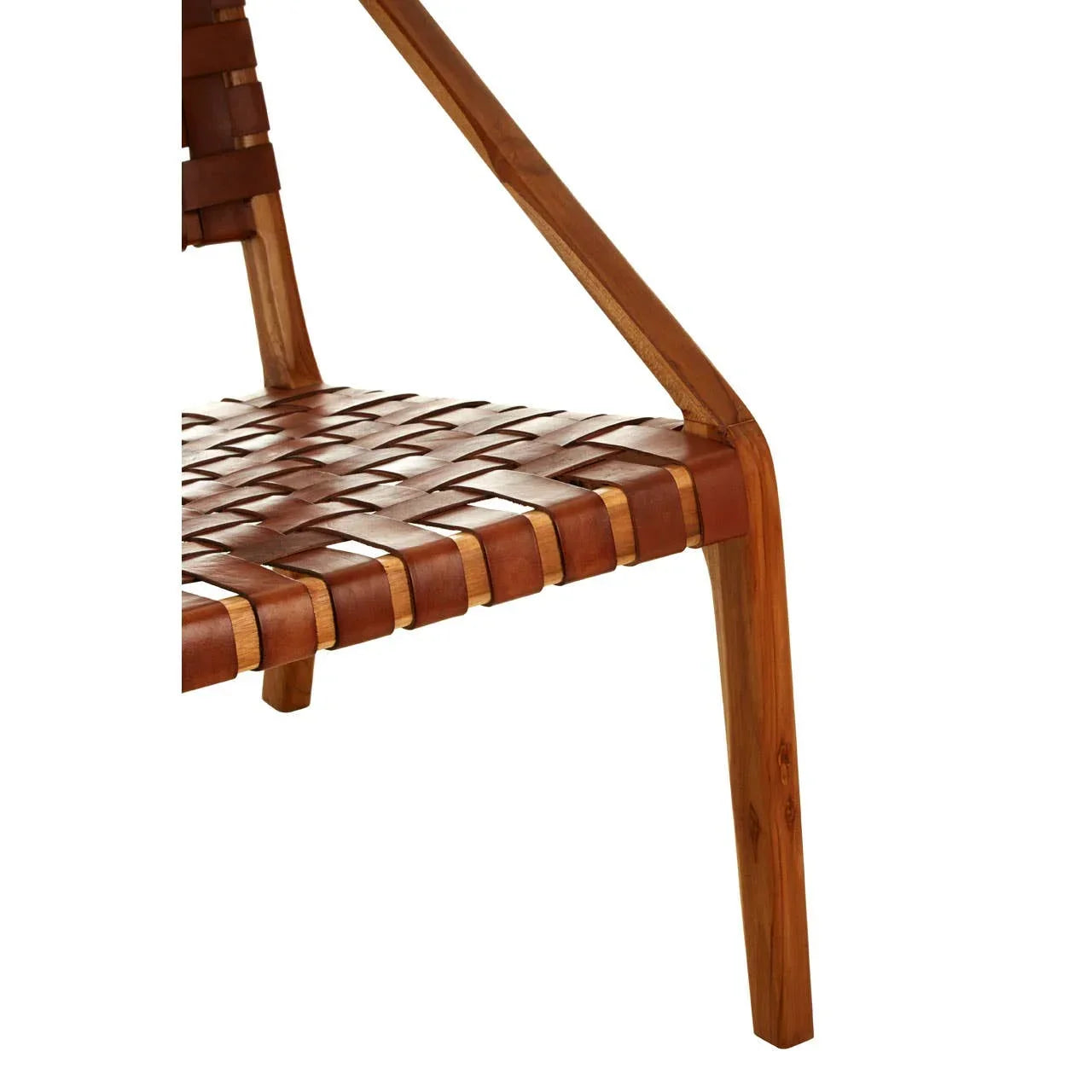 Close-up of wooden chair with brown leather woven seat and angled wooden frame