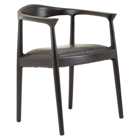 Modern black wooden dining chair with curved backrest and armrests, angled view
