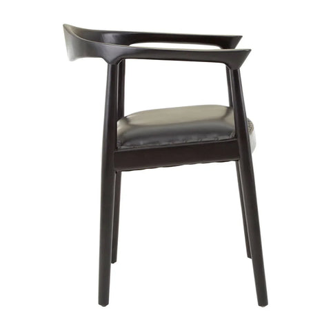 Black wooden dining chair with curved backrest and padded seat, side view