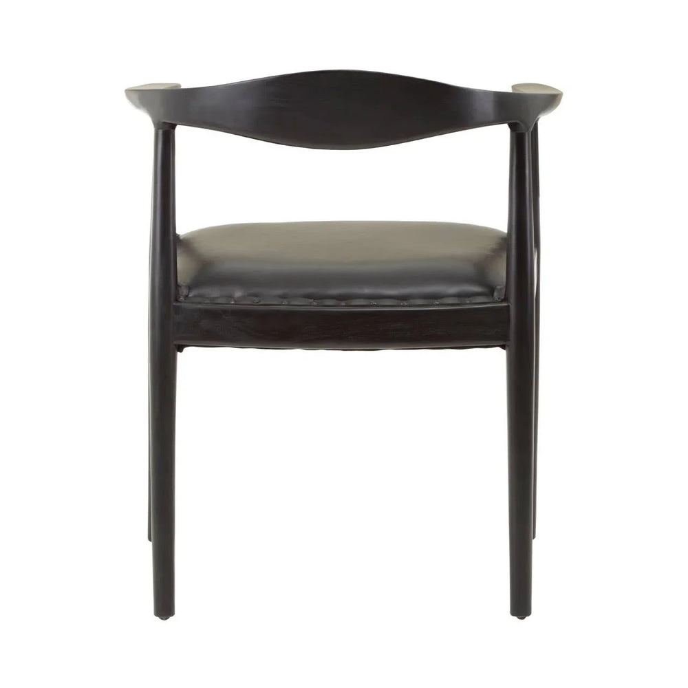 Black wooden dining chair with curved backrest and padded leather seat, front view