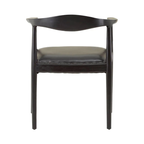 Black wooden dining chair with curved backrest and padded leather seat, front view