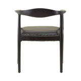 Black wooden dining chair with curved backrest and padded leather seat, front view