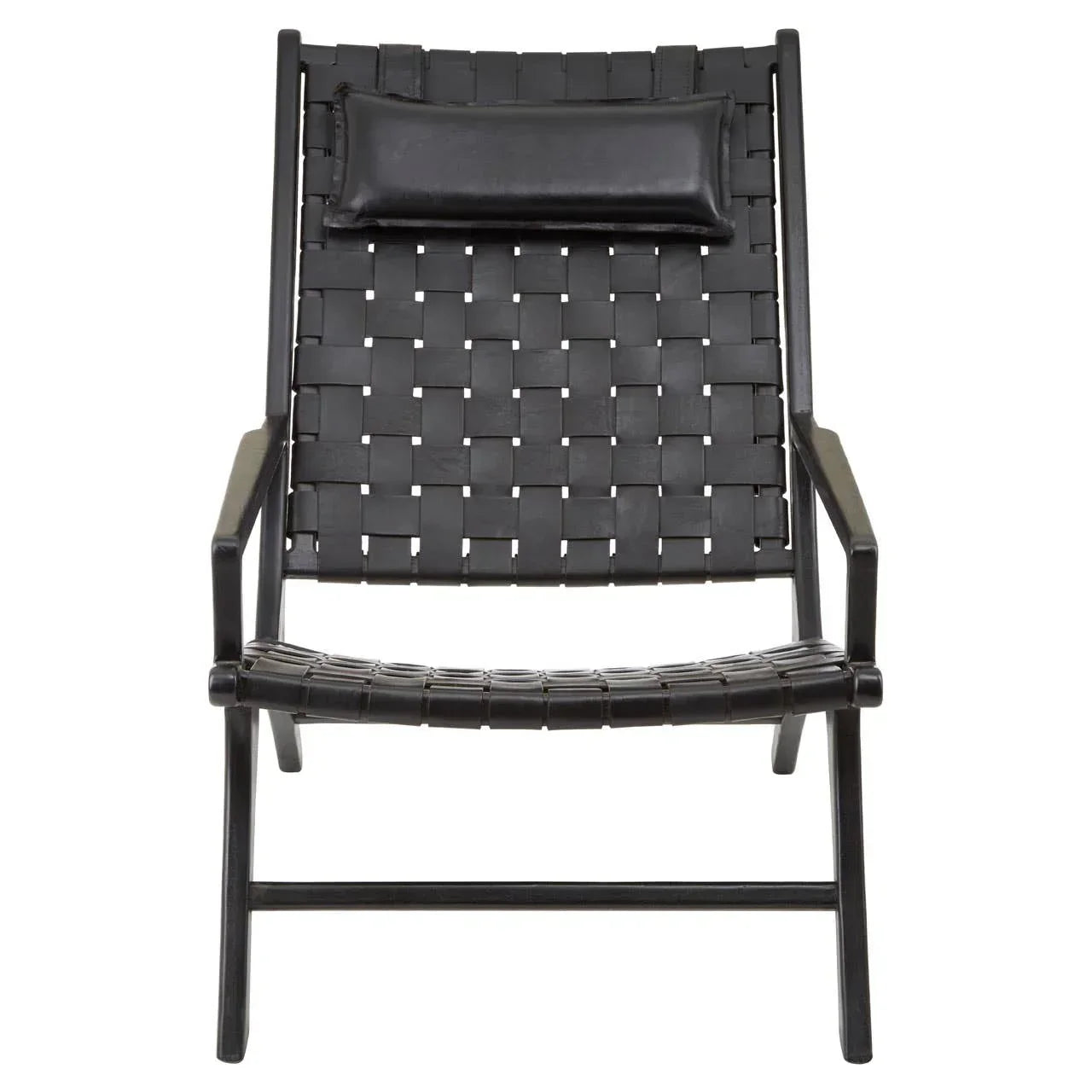 Black woven leather armchair with headrest cushion, front view