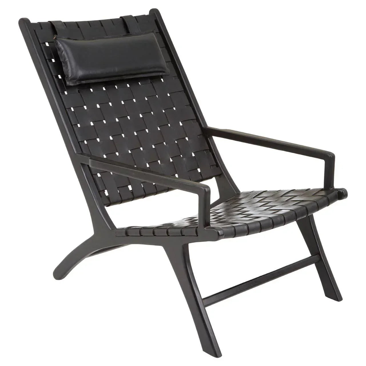 Black woven leather lounge chair with armrests and headrest cushion