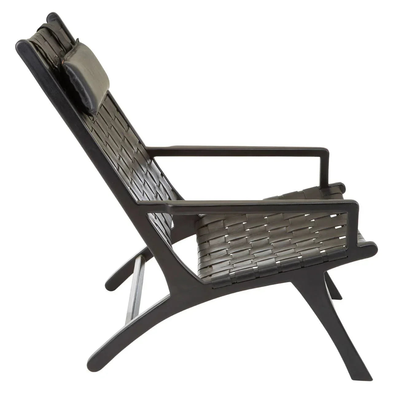 Black woven lounge chair with wooden frame and headrest, side profile view