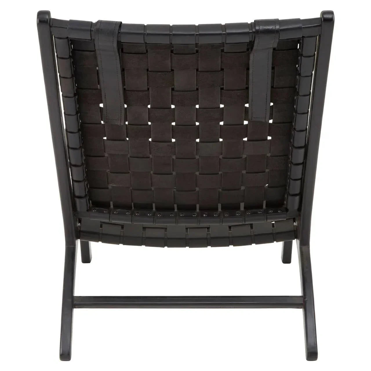 Back view of black woven lounge chair with wooden frame and strap detail