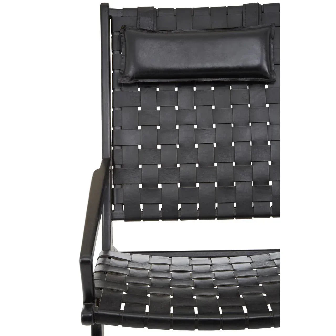 Black woven leather armchair with padded headrest and arm detail