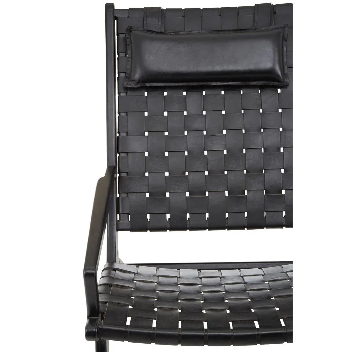 Black woven leather armchair with padded headrest and arm detail